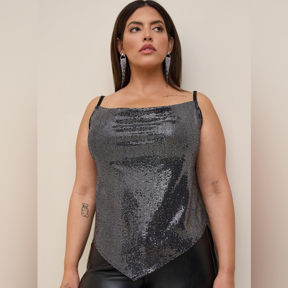 TORRID Dark Silver Gunmetal Sequin Sparkly Cowl Neck Sexy Cami Top NEW